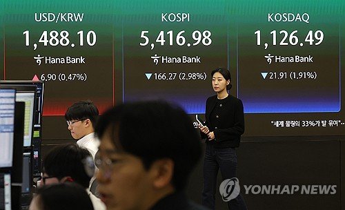(LEAD) Seoul shares down for 2nd day on prolonged Hormuz shutdown; won declines